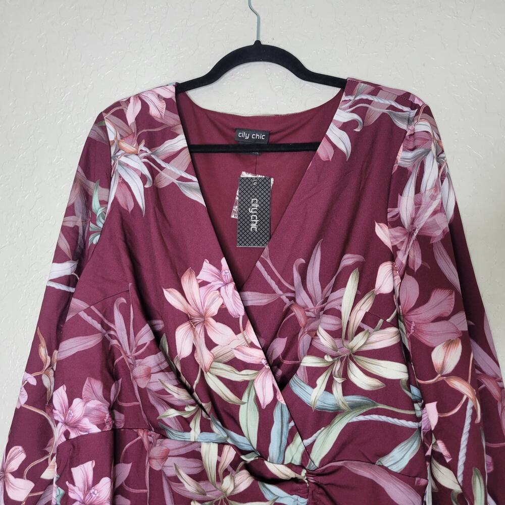 City Chic Dress Plus Sz 18 Winter Lily Floral Faux Wrap 3/4 Sleeve Midi Feminine - Picture 4 of 12